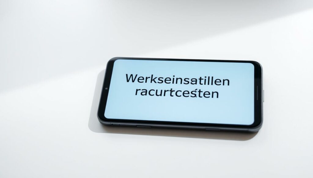 A sleek, modern smartphone resting on a minimalist, white table. The device's screen displays the text "Werkseinstellungen zurücksetzen" in a crisp, sans-serif font against a stark, neutral background. The image is lit by soft, diffused lighting from above, creating gentle shadows and highlights that emphasize the clean, elegant design of the phone. The camera angle is slightly elevated, giving the viewer a sense of looking down at the device with a sense of authority and purpose. The overall mood is one of simplicity, efficiency, and the act of resetting a device to its factory default settings.