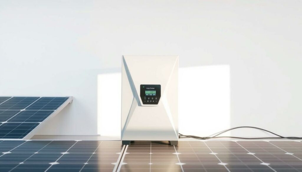 A sleek, modern solar inverter set against a clean, minimalist background. The device, with its angular metal casing and digital display, stands as the central focus, illuminated by soft, natural lighting from the side. Surrounding it, a simple layout of solar panels and wires, hinting at the inverter's role in converting the collected solar energy into usable electricity for the home. The overall composition conveys a sense of efficiency, technology, and the harmonious integration of renewable energy systems.