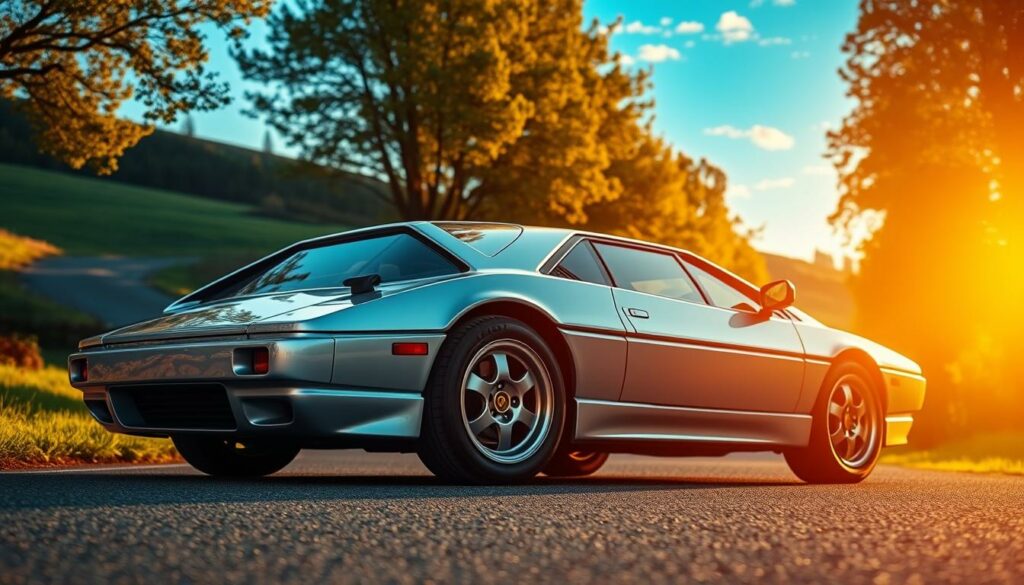 A sleek, silver Lotus Esprit Turbo sports car gleaming under the warm, golden light of a sunset. The car is parked on a winding, tree-lined country road, with lush, rolling hills and a vibrant blue sky in the background. The Esprit's sharp, angular lines and iconic pop-up headlights are captured in a low, three-quarter angle, highlighting its powerful presence. The scene exudes a sense of timeless elegance and the allure of classic European sports car design. The lighting and composition create a captivating, cinematic atmosphere, inviting the viewer to imagine the Esprit's performance and the thrill of driving it.
