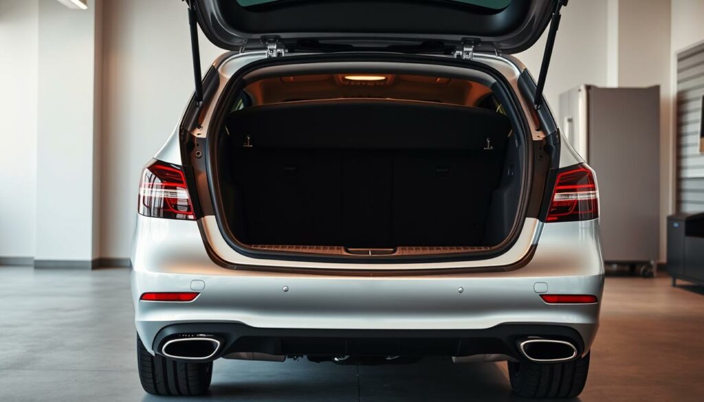 A sleek, silver Mercedes-Benz R 350 parked in a well-lit, modern garage. The camera angle focuses on the open trunk, revealing its spacious interior. Soft, warm lighting creates a cozy, inviting atmosphere, highlighting the practical aspects of the vehicle. The trunk's depth and width are clearly visible, showcasing the ample cargo capacity. The image conveys a sense of quality, attention to detail, and the Mercedes brand's reputation for family-friendly practicality.