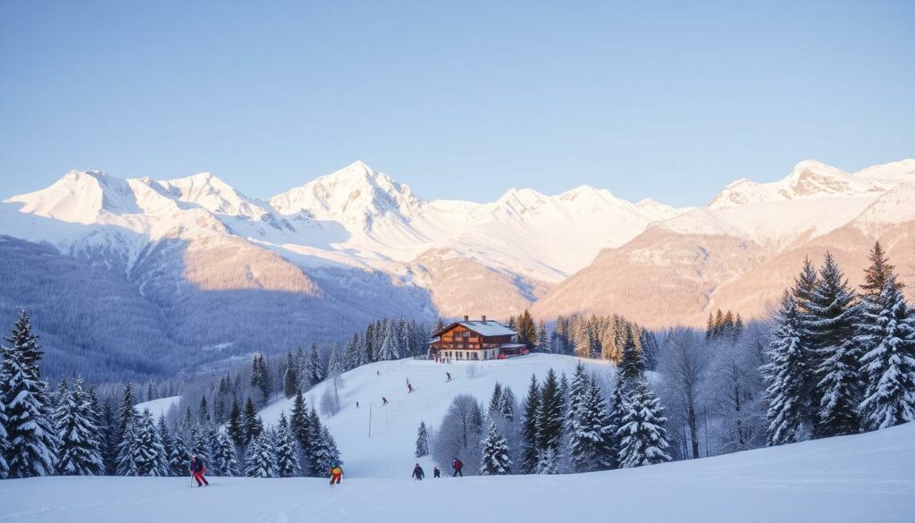 A snow-covered alpine landscape in Austria, with majestic snow-capped peaks towering in the background under a crisp, clear sky. In the foreground, a group of skiers carving graceful turns down a pristine, well-groomed slope, their colorful ski gear contrasting beautifully against the pristine white canvas. In the middle ground, a cozy ski lodge nestled among the trees, its warm, inviting lights beckoning weary adventurers to rest and refuel. The scene is bathed in soft, natural lighting, conveying a sense of tranquility and the peaceful solitude of the mountains. The overall atmosphere evokes the thrill and wonder of winter sports in the heart of the Austrian Alps.