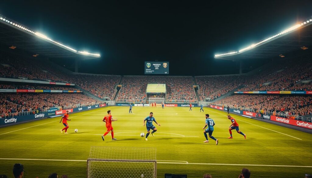A soccer stadium with a packed crowd, the field aglow under floodlights. In the foreground, players in vivid uniforms dribble and pass the ball, their movements captured with dynamic energy. The middle ground features a jumbotron displaying the match score and details, while in the background, rows of spectators cheer and wave flags in the stands. The scene is bathed in a warm, golden light, creating a sense of excitement and anticipation for the live football match. The overall atmosphere conveys the thrill and camaraderie of a beloved sport event unfolding in real-time.