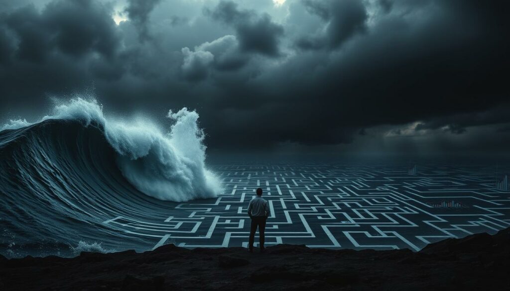 A somber, ominous landscape depicts the risks of stock trading. In the foreground, a lone investor stands before a towering wall of crashing waves, symbolizing the unpredictable and volatile nature of the market. The middle ground features a maze-like network of financial charts and graphs, hinting at the complexity and uncertainty inherent in stock analysis. In the background, dark clouds loom, casting an ominous shadow over the scene, conveying the sense of impending doom and the potential for significant losses. The lighting is dramatic, with harsh shadows and a moody, muted color palette, amplifying the sense of foreboding and the high-stakes nature of the stock market. The overall composition emphasizes the precarious position of the investor, underscoring the inherent risks and challenges of navigating the stock trading landscape.