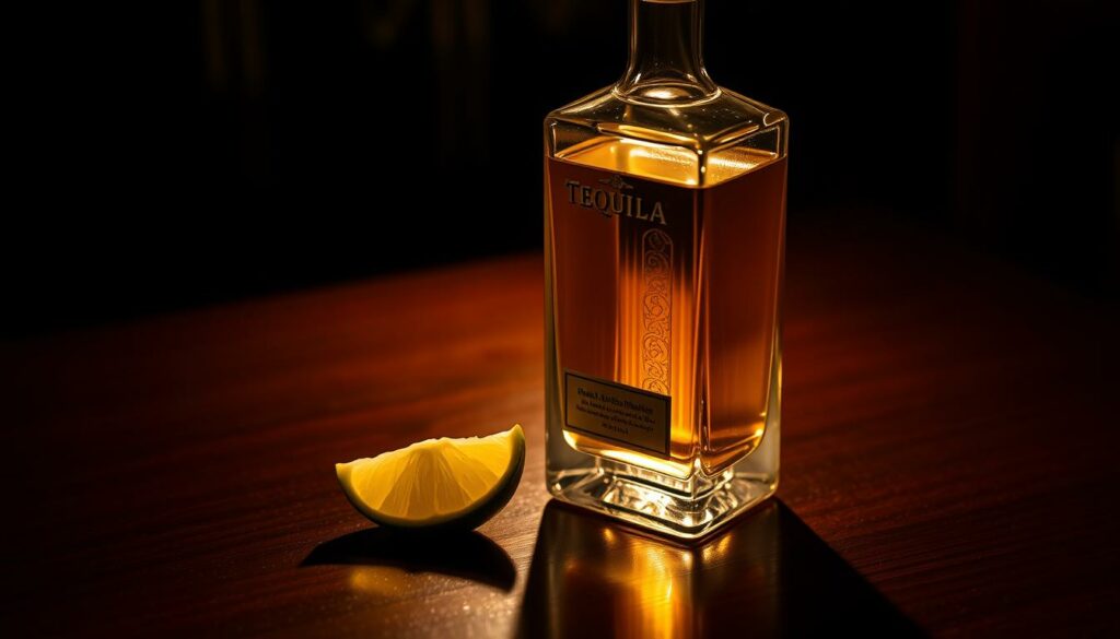 A sophisticated and alluring tequila bottle, elegantly presented on a dimly lit table. The bottle is made of clear glass, showcasing the golden-amber liquid within. Soft, warm lighting illuminates the bottle, casting a gentle glow and highlighting the bottle's intricate details. The table surface is made of dark, polished wood, adding a touch of elegance and sophistication to the scene. A single lime wedge rests nearby, hinting at the refreshing citrus notes that complement the tequila's bold flavor. The overall atmosphere is one of refined indulgence, inviting the viewer to savor the aroma and taste of this premium tequila.