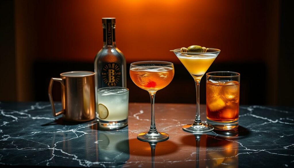 A sophisticated arrangement of various vodka-based cocktails on a sleek, modern black marble counter. Prominently featured are a classic Moscow Mule with its distinctive copper mug, a chilled Cosmopolitan in a slim martini glass, and an elegant Vodka Martini with a skewered olive garnish. The cocktails are illuminated by warm, indirect lighting, casting a subtle glow and casting intriguing shadows. The scene exudes a sense of refined elegance and refined taste, perfectly capturing the spirit of "Vodka in Cocktails".
