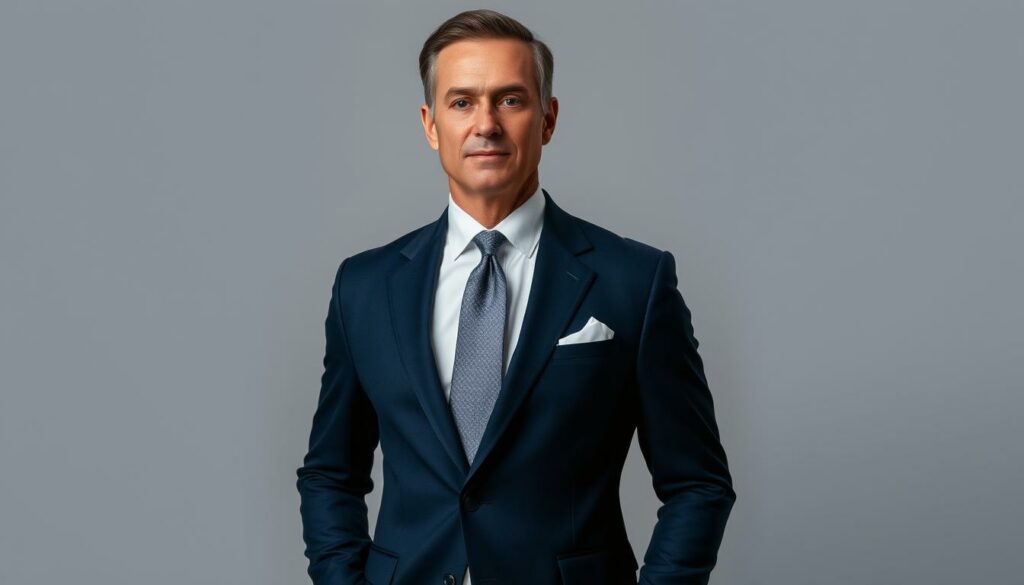 A sophisticated modern man stands confidently in a well-lit studio, his impeccably tailored suit accentuating his refined aesthetic. The deep navy blue jacket and trousers, meticulously pressed, showcase his attention to detail. A crisp white shirt, its collar perfectly aligned, is complemented by a subtly patterned silk tie in shades of charcoal and silver. The man's posture is poised, his gaze direct and assured, projecting an air of professionalism and authority. The background is a minimalist grey, allowing the subject to take center stage and emphasize the importance of considered, stylish attire in making a lasting first impression.