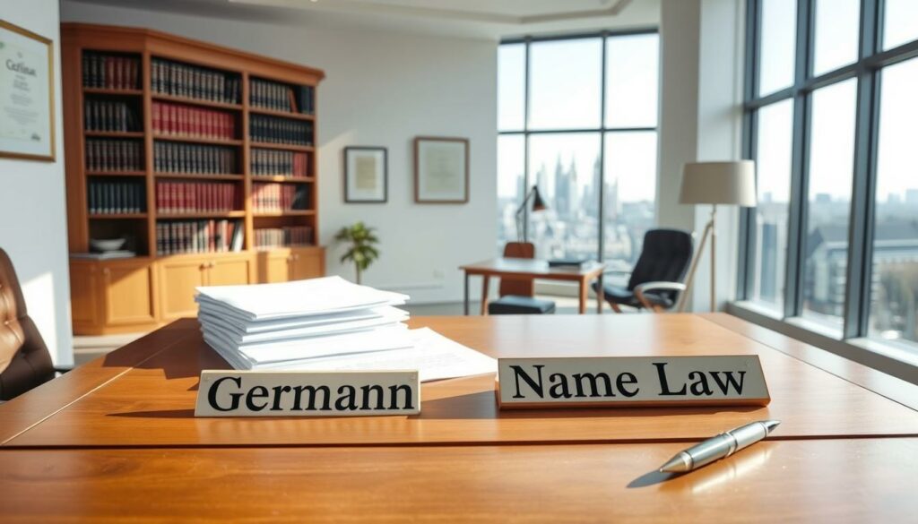 A spacious and well-lit law office, with sunlight streaming through large windows. In the foreground, a wooden desk with a nameplate that reads "German Name Law." On the desk, a stack of legal documents and a pen. In the middle ground, a bookshelf filled with law books and a framed diploma on the wall. In the background, a large window overlooking a cityscape, suggesting the broader legal and societal context. The overall atmosphere is one of authority, professionalism, and thoughtful consideration of the legal aspects of names in Germany.