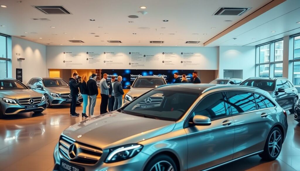 A spacious, well-lit showroom showcasing a fleet of Mercedes R 350 family cars. In the foreground, a group of satisfied customers gathered around a vehicle, discussing its features and sharing their experiences. The middle ground features a collection of customer reviews and testimonials, artfully displayed on sleek digital screens. In the background, the showroom's elegant design and polished surfaces convey a sense of prestige and quality associated with the Mercedes brand. The lighting is warm and inviting, creating a welcoming atmosphere for potential buyers to explore the vehicle and learn from the experiences of previous owners.