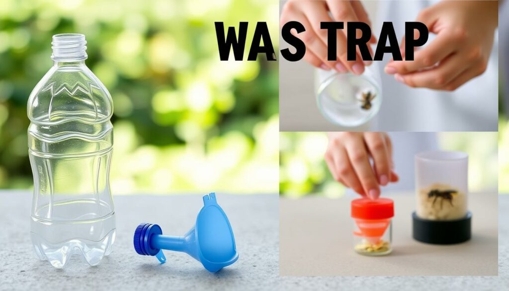 A step-by-step guide to building a wasp trap from a PET bottle. The foreground shows the trap's components - a plastic bottle, a funnel, and a bait container - arranged on a neutral surface. The middle ground depicts the assembly process, with the bottle being cut and the funnel inserted. The background has a blurred, natural setting with greenery, suggesting an outdoor location suitable for placing the trap. The lighting is natural, with soft shadows and highlights accentuating the trap's details. The overall mood is informative and practical, with a focus on the DIY nature of the project.