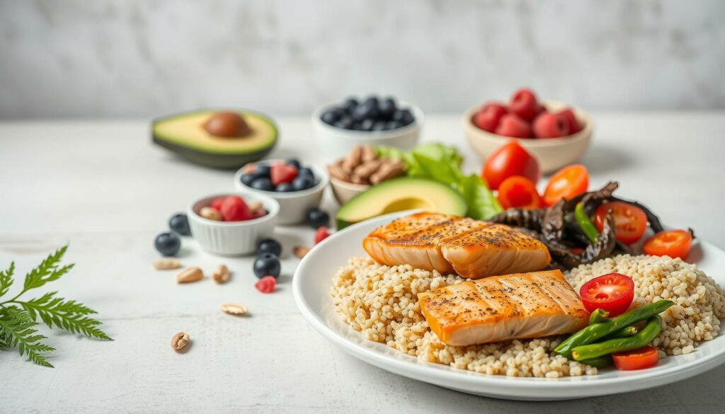 A still life arrangement depicting a balanced, nutrient-dense meal for a flat stomach. In the foreground, a plate showcases grilled salmon, steamed vegetables, and a side of quinoa. In the middle ground, various superfoods like avocado, berries, and nuts are neatly arranged. The background features a minimalist, natural-toned setting with subtle lighting, creating a calming, wellness-focused atmosphere. The composition emphasizes the harmony between healthy, flavorful ingredients that can contribute to achieving a toned, defined midsection.