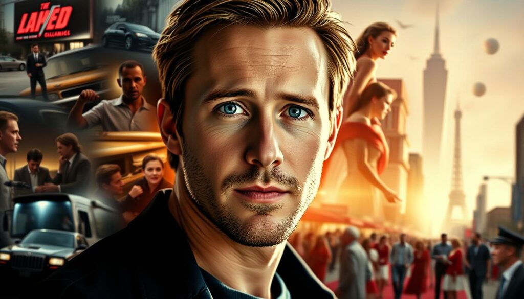 A striking portrait of Ryan Gosling's remarkable career journey, captured in cinematic detail. In the foreground, a youthful Gosling stands center-stage, his face lit with a confident, captivating glow, evoking his early days as a member of the iconic Mickey Mouse Club. The middle ground reveals a series of iconic film scenes, each frame showcasing Gosling's versatility and evolution as a leading man - from the gritty urban drama of "Drive" to the romantic nuance of "La La Land." In the background, a hazy montage of Hollywood landmarks and red-carpet moments hints at Gosling's rise to global fame and recognition as a celebrated, award-winning actor. The overall composition conveys a sense of momentum, ambition, and the sheer magnetism that has defined Ryan Gosling's remarkable Karriere.