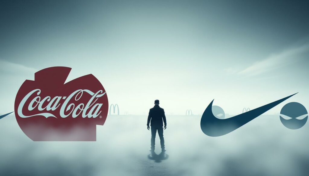 A striking surreal landscape showcasing various well-known brand logos distorted and faded, as if seen through a hazy, dreamlike lens. In the foreground, the iconic Coca-Cola, McDonald's, and Nike logos appear warped and altered, their familiar shapes and colors shifting and blending together. In the middle ground, a shadowy figure stands amidst a field of indistinct, ghostly brand marks, their identity obscured. The background features a vast, nebulous sky, with subtle hints of other recognizable logos and symbols fading in and out of focus, creating a sense of disorientation and uncertainty. Soft, muted lighting casts a contemplative, almost melancholic mood over the entire scene, evoking the idea of false memories and the fragility of our perceptions.