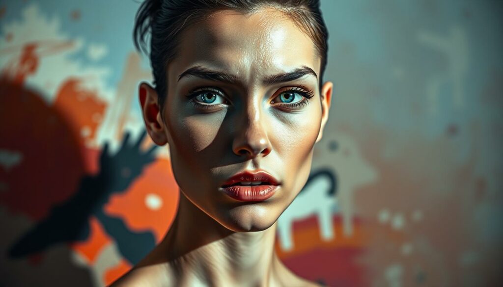 A stunning, surrealistic portrait of the German singer-songwriter Shirin David, exploring the fluid nature of gender roles. In the foreground, David's striking features are rendered in vivid detail, her piercing gaze conveying a sense of empowerment and self-expression. The middle ground features an abstract, dreamlike backdrop, with bold brushstrokes and vibrant colors that suggest the artist's exploration of gender norms and societal constructs. The background is shrouded in a soft, atmospheric haze, creating a sense of contemplation and introspection. The lighting is dramatic, casting dramatic shadows and highlights that accentuate the subject's androgynous features. The overall composition and mood evoke a powerful, thought-provoking interpretation of Shirin David's artistic vision and her challenging of traditional gender roles.