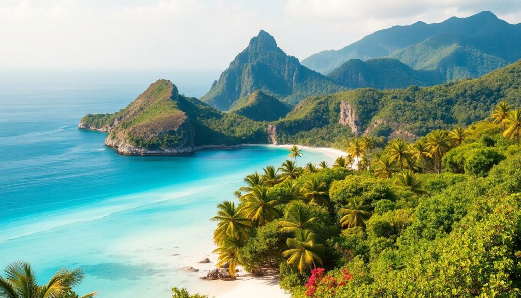 A stunning tropical paradise, the Seychelles islands rise from the azure Indian Ocean, their lush, verdant landscapes crowned by towering granite peaks. In the foreground, a pristine white-sand beach curves gently, flanked by swaying palm trees and vibrant, blooming flora. The crystal-clear turquoise waters lap softly at the shore, inviting exploration. In the middle ground, rugged granite cliffs plunge into the sea, their weathered surfaces glistening in the warm, golden light. Farther back, dense tropical forests cover rolling hills, their canopy a riot of verdant greens. Overhead, a soft, hazy sky frames the scene, creating a sense of tranquility and timelessness. This idyllic, unspoiled island paradise captures the essence of the Seychelles, a true natural wonder.