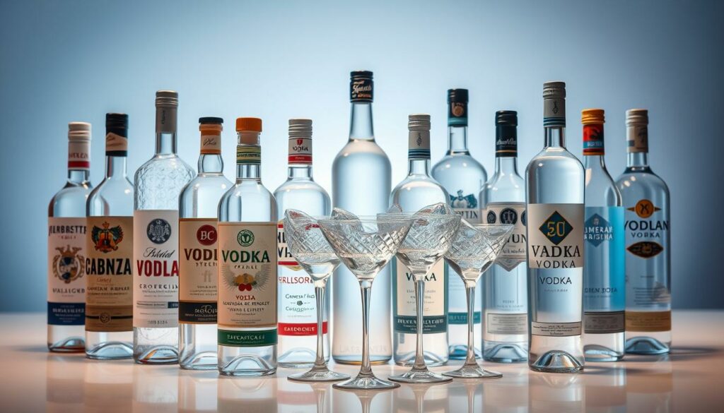 A stylish arrangement of various vodka bottles, each with its distinct design and label. The foreground showcases a diverse assortment of premium vodka brands, meticulously captured in high resolution with crisp, realistic details. The middle ground features elegant crystal glassware filled with the clear, sparkling spirit, arranged in a visually appealing tableau. The background subtly blends a soft, diffused lighting, creating a sophisticated, upscale ambiance that accentuates the premium nature of the products. The overall composition exudes a sense of refined elegance, perfectly complementing the article's subject of "Vodka pur oder gemixt geht immer" and the section title "Verschiedene Arten von Vodka".