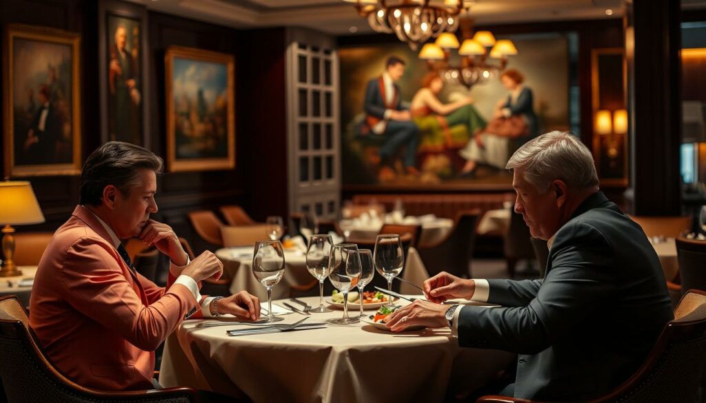 A stylish upscale restaurant interior, with a refined ambiance and elegant decor. At the center, a well-dressed man demonstrates proper table manners to his dining companion - keeping his elbows off the table, using his napkin discreetly, and cutting his food with graceful poise. Soft, warm lighting casts a flattering glow, while a backdrop of tasteful artwork and sophisticated furnishings conveys an atmosphere of refined sophistication. The overall scene evokes a sense of etiquette, decorum, and adherence to social customs in a cultured, genteel setting.