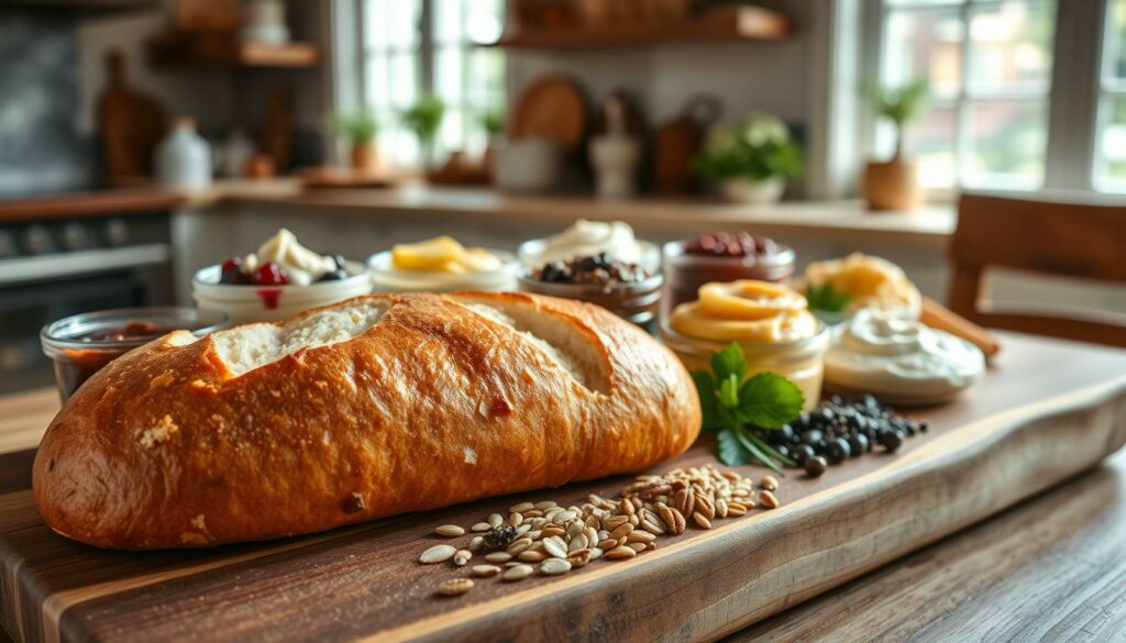 A sumptuous breakfast spread, featuring an assortment of creamy, artisanal spreads arranged on a rustic wooden board. In the foreground, a soft, freshly baked bread loaf, its crust glistening with a golden hue, invites you to dig in. Surrounding it, an array of vibrant, house-made toppings, each one a delightful flavor combination - from a luscious berry compote to a savory olive tapenade, all beckoning to be slathered on the bread. The middle ground showcases a selection of crunchy seeds, toasted nuts, and fragrant herbs, adding texture and depth to the scene. In the background, a softly-lit, airy kitchen setting, with sunlight filtering through the windows, creating a warm, inviting ambiance. This image exudes a sense of rustic elegance, capturing the essence of a nourishing and satisfying breakfast experience.
