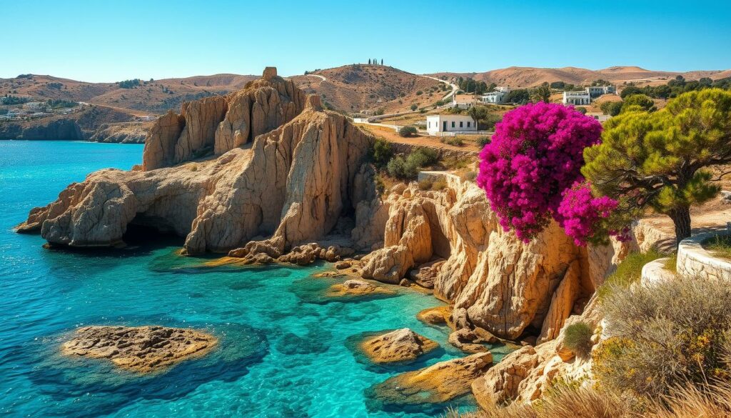 A sun-drenched Ibizan landscape, where hidden gems lay nestled among the rugged terrain. In the foreground, a secluded cove with crystal-clear turquoise waters laps against the rocky shoreline, inviting exploration. Towering cliffs rise in the middle ground, their weathered faces casting dramatic shadows. Vibrant bougainvillea spills over the edges, adding splashes of fuchsia. In the distance, rolling hills dotted with whitewashed villas and ancient olive groves stretch out, creating a serene and timeless scene. Warm Mediterranean light filters through, casting a golden glow and lending an air of tranquility and mystery to the hidden wonders of this island paradise.