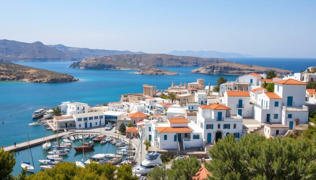 A sun-drenched archipelago of azure waters and white-washed villages, the Greek Islands stretch across the Aegean Sea. In the foreground, a picturesque fishing harbor bustles with colorful boats, their sails catching the gentle breeze. Whitewashed houses with vibrant blue doors and trim cascade down the hillsides, their terracotta roofs glistening under the warm Mediterranean sun. In the middle ground, ancient ruins emerge, a testament to the islands' storied past. Olive groves and vineyards dot the landscape, while in the distance, rugged cliffs and secluded coves beckon visitors to explore. An atmosphere of tranquility and timelessness pervades the scene, inviting the viewer to immerse themselves in the serene island paradise.