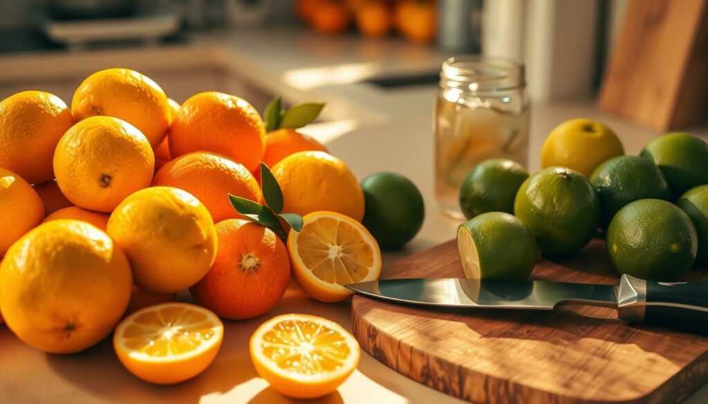 A sun-drenched kitchen counter, its surface adorned with an array of vibrant citrus fruits. Plump lemons, juicy oranges, and zesty limes await transformation. A wooden cutting board stands ready, its worn surface a testament to the many culinary creations it has witnessed. Nearby, a sturdy knife gleams, its sharp edge poised to slice through the fragrant rinds, releasing the tantalizing aromas that will infuse the homemade lemonade. The scene is bathed in warm, golden light, casting a soft glow on the ingredients and evoking a sense of refreshing, summertime cheer. The overall mood is one of calm, focus, and the joy of crafting a refreshing, homemade treat.
