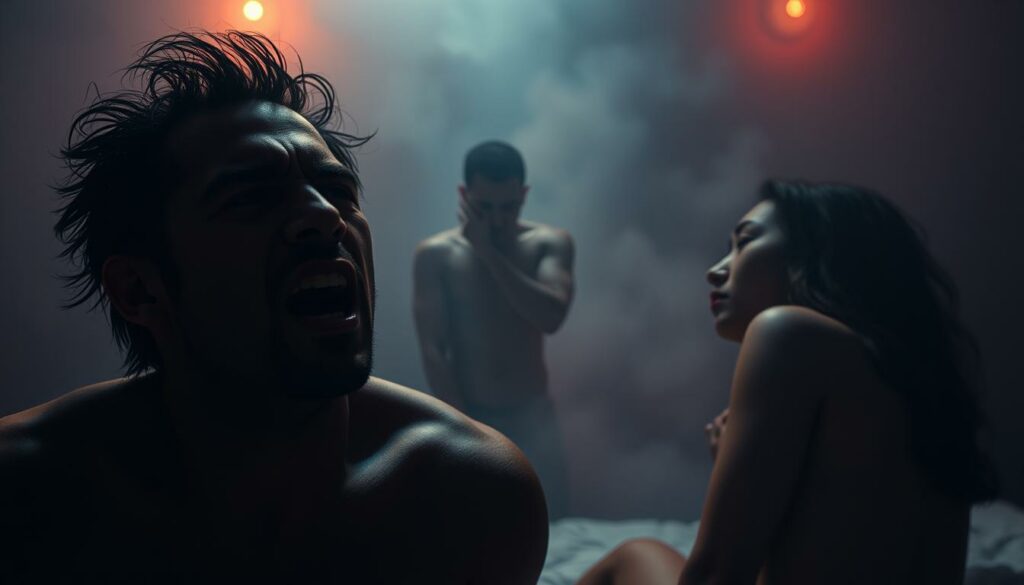 A surreal, cinematic composition depicting the contrast between "Ruined Orgasm" and "Edging". In the foreground, a figure experiences the intense, unsatisfying sensation of a ruined orgasm, their face contorted in a mix of pleasure and frustration. In the middle ground, another figure is shown in a state of heightened arousal, teetering on the edge of climax but maintaining control. The background is shrouded in a hazy, dreamlike atmosphere, emphasizing the psychological and emotional aspects of these distinct orgasmic experiences. Dramatic lighting and a deep, moody color palette evoke a sense of tension and contrast. The scene is captured from a dynamic, angled perspective, heightening the cinematic quality.