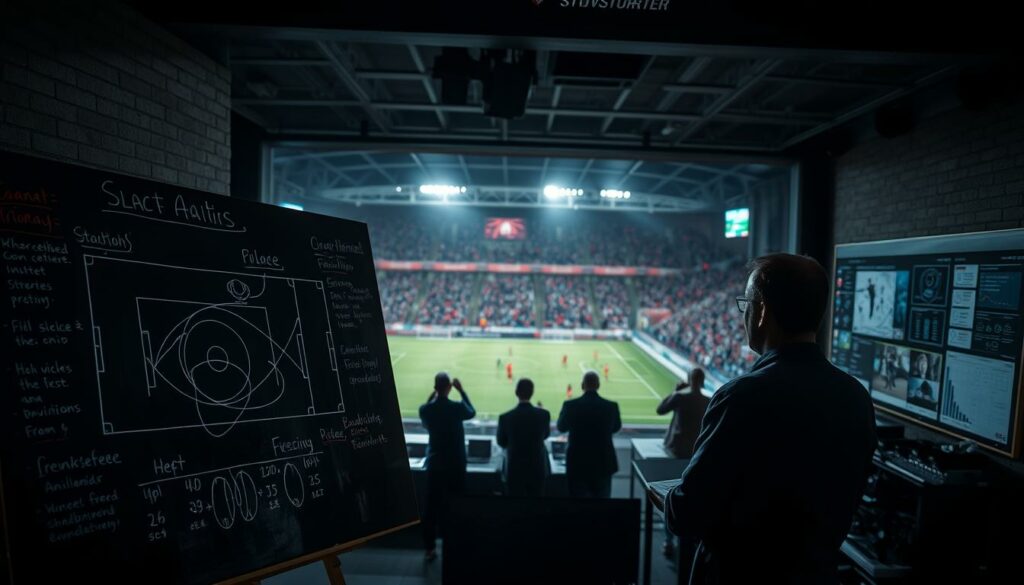 A tense, strategic analysis of VfB Stuttgart's victorious tactics against Arminia Bielefeld. In the foreground, a chalkboard displays intricate formations and player movements, annotated with technical insights. The middle ground reveals a dimly lit tactics room, with coaches and analysts intently studying footage and data visualizations. The background evokes the electric atmosphere of the match, with the Stuttgart stadium's iconic architecture and the roar of the crowd faintly echoing. Dramatic lighting casts dramatic shadows, heightening the sense of intensity and analytical focus. The overall mood is one of tactical mastery, as the VfB Stuttgart team's winning strategy is meticulously dissected and understood.