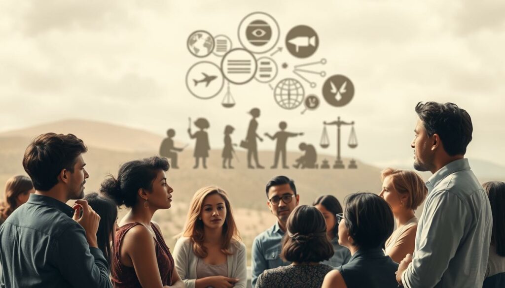 A thought-provoking illustration of societal and ethical considerations. In the foreground, a diverse group of individuals engaged in thoughtful discussion, their expressions contemplative and their body language reflecting an open, inclusive dialogue. The middle ground features symbolic representations of complex social issues, such as inequality, justice, and morality, rendered in muted tones that invite deeper introspection. The background blurs into an abstract, dreamlike landscape, hinting at the broader, philosophical underpinnings of the subject matter. Soft, diffused lighting casts a contemplative mood, and the composition is balanced, with a sense of depth and perspective that draws the viewer into the scene. The overall effect is one of nuance, complexity, and the importance of considered, ethical decision-making in shaping our shared societal landscape.