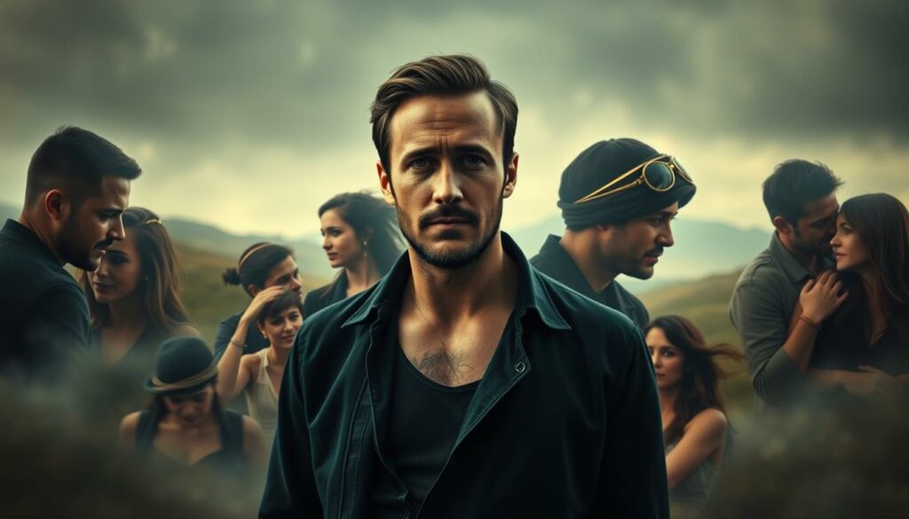 A thoughtful, cinematic portrait of Ryan Gosling's romantic relationships. In the foreground, Gosling stands in a pensive pose, his expression one of quiet contemplation. Surrounding him, a collage of images depicting his past partners - from Eva Mendes to Rachel McAdams - captured in candid, intimate moments. The lighting is soft and moody, creating a sense of wistfulness and introspection. The background blurs into an abstract, dreamlike landscape, hinting at the complexity and emotional weight of Gosling's personal life. Overall, the image conveys a sense of Gosling's journey through love, loss, and the search for connection.