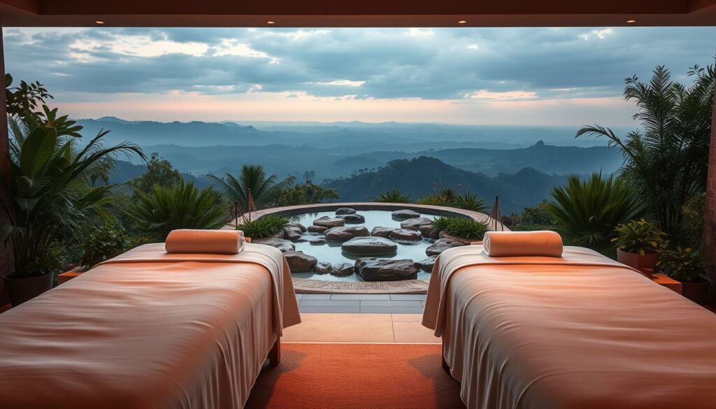 A tranquil couples' spa retreat, bathed in soft, warm lighting. In the foreground, two luxurious massage tables draped in plush white linens, ready for a soothing, tension-relieving treatment. In the middle ground, a serene water feature with gently cascading streams, surrounded by lush, verdant plants. The background reveals a panoramic view of rolling hills and a distant horizon, creating a sense of peaceful isolation. The overall mood is one of deep relaxation, intimate connection, and harmonious well-being.