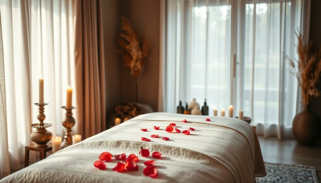 A tranquil, dimly lit room with soft natural lighting filtering through sheer curtains. In the foreground, a plush, inviting massage table covered in luxurious linens and surrounded by ornate candles, their flickering flames casting a warm, soothing glow. In the middle ground, an array of massage oils, scented lotions, and delicate rose petals thoughtfully arranged, hinting at the indulgent sensual experience to come. The background features a serene, minimalist decor, with earthy tones and natural elements creating a calming, meditative ambiance - the perfect setting for a nurturing Yoni massage.