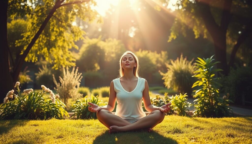 A tranquil, sun-dappled scene depicting the psychological effects of single life. In the foreground, a serene figure sits cross-legged, eyes closed in contemplation, radiating a sense of inner peace and contentment. The middle ground features a lush, verdant garden, symbolizing the flourishing of personal growth and self-discovery. In the background, a warm, golden light filters through the trees, casting a soft, dreamlike glow over the entire composition. The overall atmosphere conveys a feeling of calm, introspection, and the joyful embrace of one's independent life path.