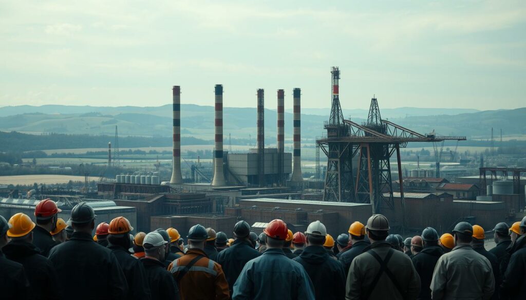 A vast, industrial landscape of steel mills and cranes, towering over the Ruhr Valley. In the foreground, workers in hard hats and overalls gather, their expressions somber as they witness the gradual shutdown of the ThyssenKrupp steel production facility. The middle ground features the imposing factory structures, their once-bustling smokestacks now silent. In the distance, the rolling hills of the region provide a bittersweet backdrop, a reminder of the deep roots of this industry in the local community. Muted tones of gray, blue, and rust convey the melancholic atmosphere, as the end of an era is captured in a single, haunting image.