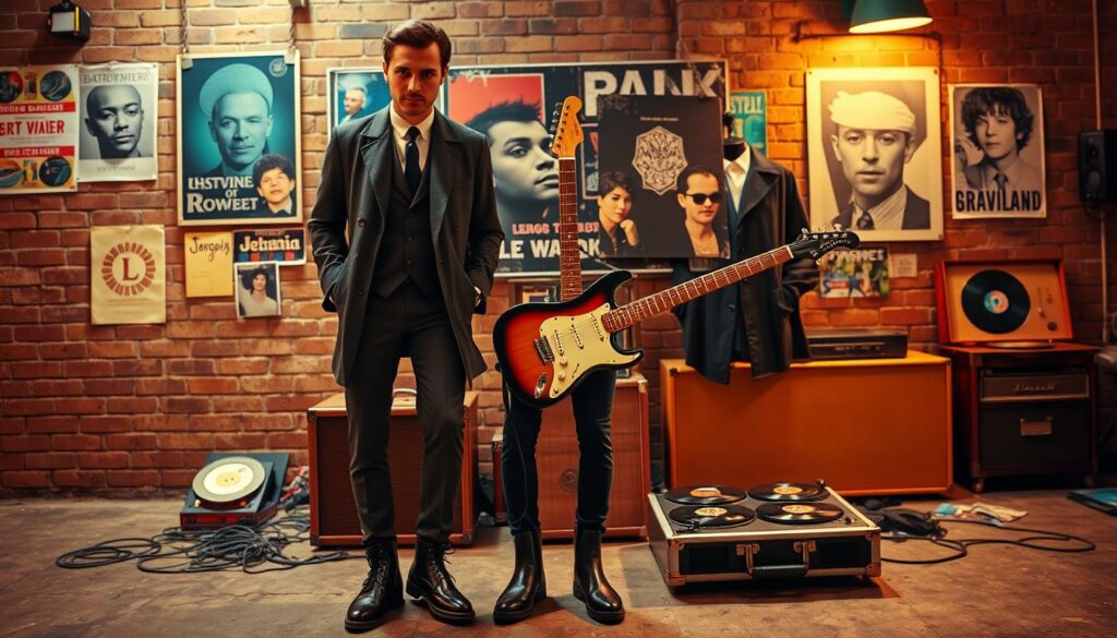 A vibrant Britpop-inspired scene with key elements of the iconic 90s British music style. In the foreground, a stylish mod-inspired outfit with slim-fit suit, Chelsea boots, and a parka coat. In the middle ground, a vintage electric guitar and a retro-style record player with vinyl discs. The background features a grungy brick wall with posters and graffiti, hinting at the urban, youthful spirit of the Britpop era. Warm, moody lighting casts a cinematic atmosphere, complemented by a shallow depth of field that focuses the viewer's attention on the central subjects. The overall composition evokes the edgy, fashion-forward aesthetic that defined the influential Britpop movement.