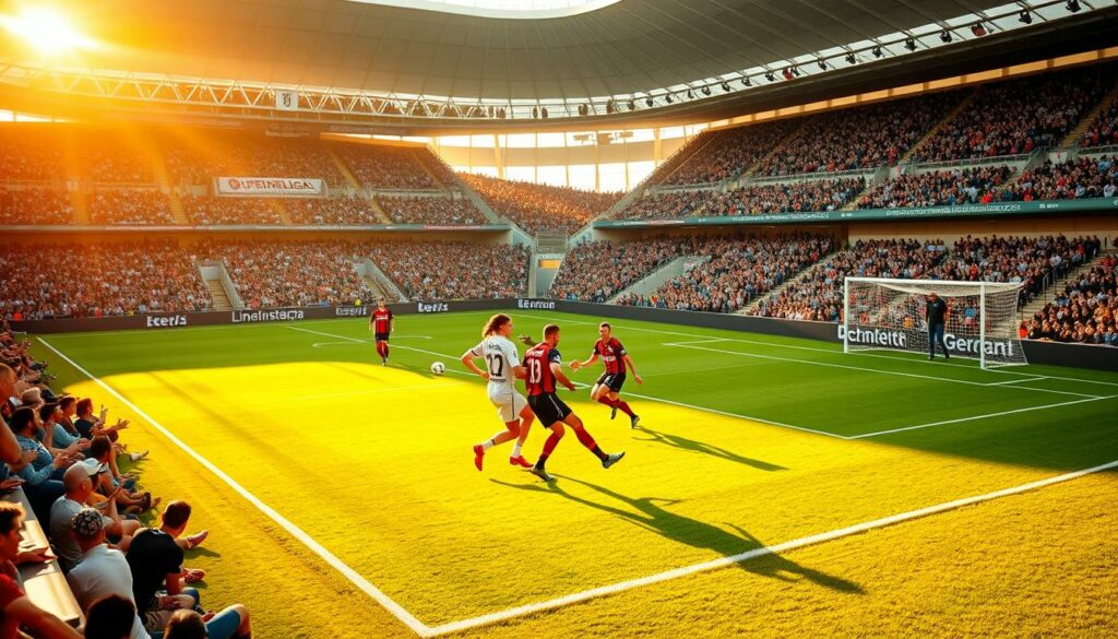 A vibrant Bundesliga match unfolds on a lush, well-manicured pitch. The stadium's stands are packed with passionate fans, their cheers and chants creating a palpable energy. In the foreground, two skilled players engage in a fierce duel, their bodies in perfect sync as they battle for possession of the ball. Midfielders weave intricate patterns, orchestrating the flow of the game, while the goalkeeper stands poised, ready to make a decisive save. Warm, golden sunlight filters through the stadium's modern architecture, casting a warm glow over the scene. The overall atmosphere exudes the thrill and excitement of a high-stakes Bundesliga encounter.