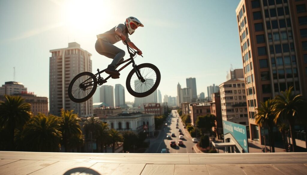 A vibrant action scene of a skilled BMX rider performing daring aerial tricks against a backdrop of a sun-drenched urban landscape. The rider, clad in a sleek protective gear, is mid-jump, their bike suspended in the air as they twist and turn, showcasing their mastery of balance and control. The foreground is alive with the dynamic motion, while the middle ground features the cityscape of towering buildings and the bustling streets below. The scene is bathed in warm, golden lighting, casting dramatic shadows and highlights that accentuate the rider's fluid movements. The overall atmosphere conveys a sense of exhilaration, power, and the thrill of BMX riding.