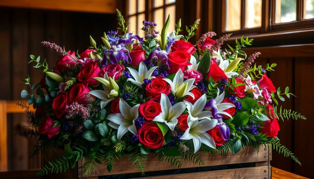 A vibrant bouquet of freshly cut flowers and lush foliage, artfully arranged in a rustic wooden crate. The centerpiece showcases a diverse array of blooms, including velvety red roses, delicate white lilies, and vibrant purple irises, nestled amidst verdant eucalyptus and ferns. Warm, natural lighting from an overhead window illuminates the scene, casting a soft, golden glow and highlighting the texture and depth of the organic elements. The composition is balanced and visually appealing, conveying a sense of timeless elegance and the thoughtfulness of a cherished gift.