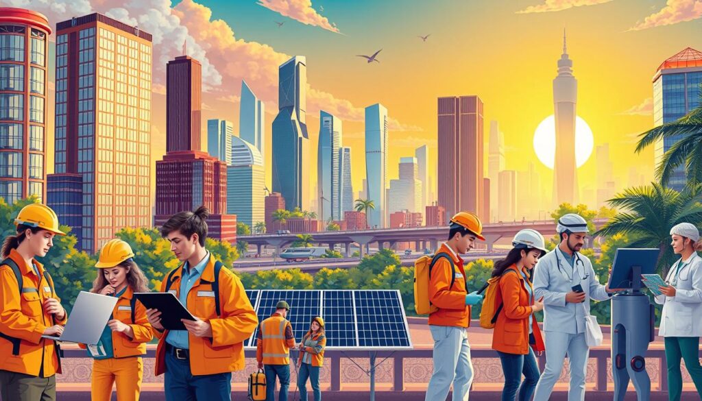 A vibrant, detailed illustration showcasing "Careers with a Future" against a dynamic urban backdrop. The foreground features a diverse cast of professionals, each dressed in their respective uniforms and equipment, engaged in various in-demand occupations - a software engineer coding at a laptop, a renewable energy technician inspecting solar panels, a healthcare worker tending to a patient. The middle ground depicts a bustling, futuristic cityscape with towering skyscrapers, advanced transportation, and lush greenery. The background is illuminated by a warm, golden glow, evoking a sense of optimism and progress. The scene is captured through a wide-angle lens, creating a sense of depth and grandeur, with strategic use of lighting and shadows to accentuate the details and textures of the environment.