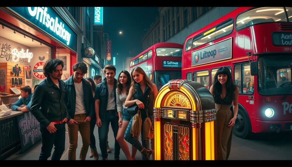 A vibrant, energetic scene depicting the essence of Britpop culture. In the foreground, a group of stylishly dressed young people, capturing the fashionable and rebellious spirit of the era, gathered around a vintage jukebox playing iconic Britpop anthems. The middle ground showcases the urban backdrop, with neon-lit storefronts, graffiti-covered walls, and a vintage London double-decker bus passing by. The overall lighting is warm and hazy, creating a nostalgic, atmospheric feel. The composition is dynamic, with subjects in various poses, capturing the youthful energy and camaraderie of the Britpop subculture. Cinematic, wide-angle lens perspective to immerse the viewer in the scene.