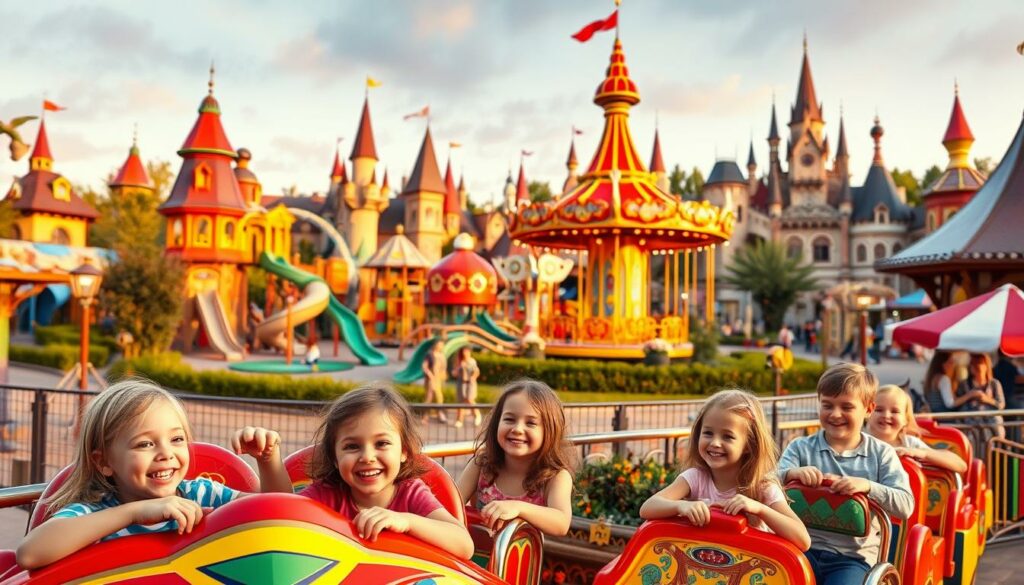 A vibrant, family-friendly scene at the Phantasialand amusement park. In the foreground, children delight on colorful rides and attractions, their laughter and excitement filling the air. The middle ground showcases a whimsical playground, with slides, swings, and a towering carousel. In the background, imaginative structures and buildings, inspired by fantastical themes, create a captivating backdrop. Warm, soft lighting casts a magical glow, enhancing the sense of wonder and adventure. The composition emphasizes the park's dedication to providing engaging experiences for families, with a focus on the joy and wonder of childhood.