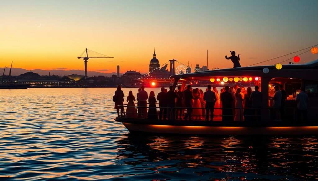 A vibrant party scene unfolds on the serene waters of a Hamburg harbor. In the foreground, a crowd of revelers dance on the deck of a luxurious party boat, their silhouettes illuminated by the warm glow of string lights and colorful lanterns. The middle ground features the glittering skyline of Hamburg in the distance, its iconic landmarks like the Elbphilharmonie reflecting in the calm, rippling surface of the water. The background is a dusky, golden-hued sky, with a crescent moon casting a soft, romantic light over the entire scene. The atmosphere is one of joy, energy, and a distinctly Hamburg-esque blend of urban modernity and waterfront charm.