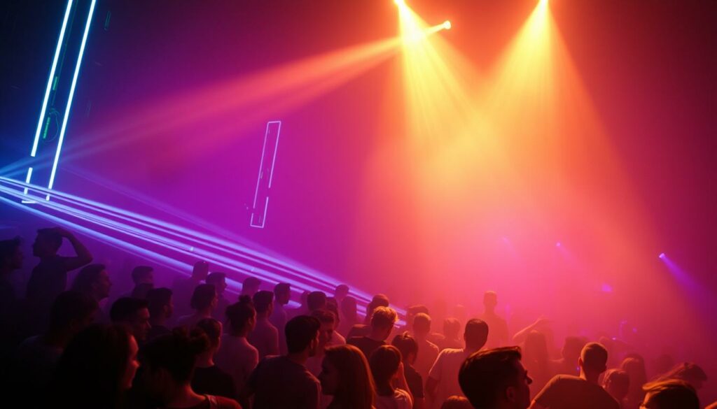 A vibrant, pulsating scene of contemporary Elektro Techno music. In the foreground, a mesmerizing display of neon lights, pulsing in sync with the rhythmic beats. Mid-ground, a crowd of dancers immersed in the captivating energy, their movements a harmonious flow. The background enveloped in a hazy, atmospheric glow, creating a sense of immersion and escapism. Crisp, high-contrast lighting illuminates the scene, casting dramatic shadows and highlighting the dynamic interplay of light and sound. The composition utilizes a wide-angle lens to capture the energy and scale of the event, conveying the immersive experience of Elektro Techno culture in the present day.