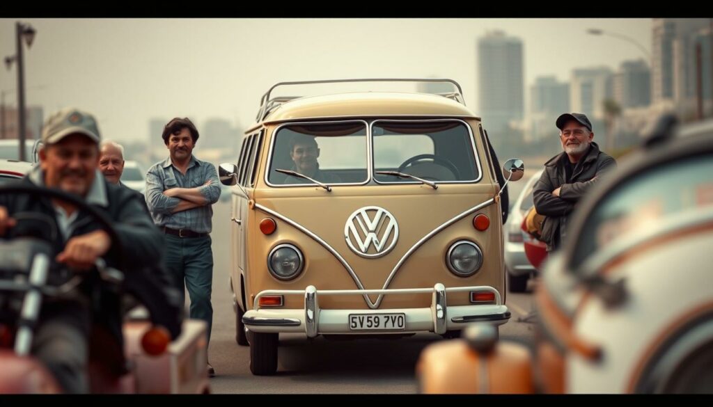 A vintage Volkswagen Bus, the iconic "Bulli", takes center stage. In the foreground, famous drivers pose confidently, their faces reflecting the vehicle's legendary status. The scene is captured in a warm, nostalgic hue, as if through a retro-inspired lens. In the middle ground, the Bus itself stands proud, its rounded curves and chrome accents gleaming under a soft, diffused light. The background fades into a subtly blurred cityscape, hinting at the Bulli's widespread popularity and recognition. The overall composition conveys a sense of timelessness, celebrating the enduring appeal of this beloved automotive icon and the personalities who have helped cement its place in automotive history.