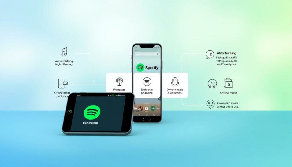 A visually striking digital illustration showcasing the key advantages of Spotify Premium. In the foreground, a sleek and modern smartphone or tablet displays the Spotify app interface, highlighting features like ad-free listening, high-quality audio, and offline mode. The middle ground features a clean, minimalist design with icons and infographic-style elements that clearly communicate the value proposition of the premium subscription, such as exclusive access to playlists, podcasts, and the ability to download music for offline use. The background maintains a soft, blurred gradient in soothing shades of blue and green, creating a sense of depth and emphasizing the premium nature of the service. The overall mood is one of sophistication, efficiency, and the enhanced listening experience that Spotify Premium provides.