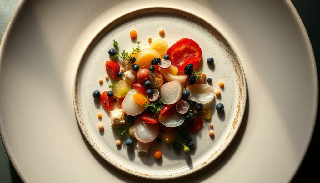 A visually striking overhead shot of a meticulously plated dish, showcasing the culinary philosophy of the renowned Noma restaurant in Copenhagen. The plate is a captivating arrangement of delicate, vibrant ingredients - an artful balance of colors, textures, and flavors that exemplify the restaurant's commitment to Nordic cuisine and sustainable sourcing. The lighting is soft and warm, creating a sense of elegance and refinement. The image conveys a harmonious fusion of nature, innovation, and the relentless pursuit of culinary excellence that has become the hallmark of Noma's acclaimed gastronomic identity.