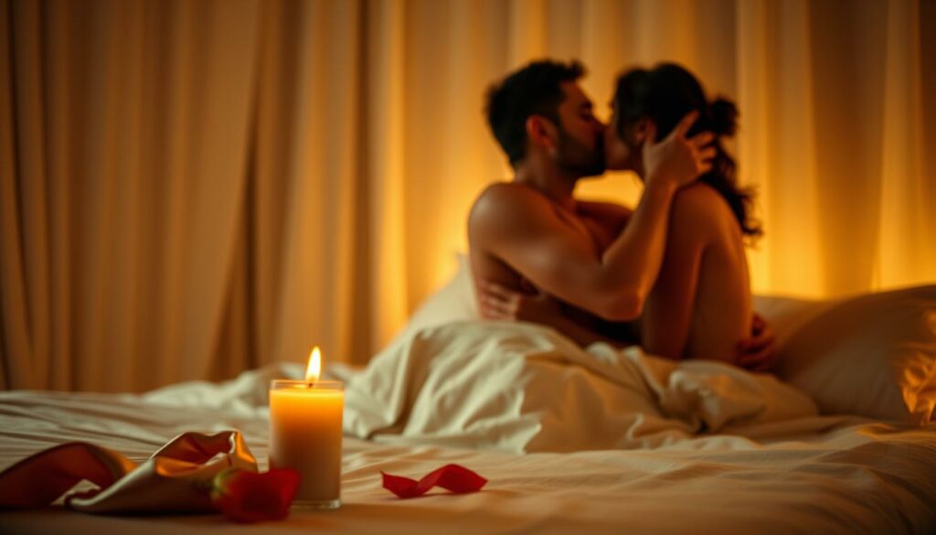 A warm and intimate bedroom scene, dimly lit with soft, diffused lighting. In the foreground, a couple embraced in a tender, passionate kiss, their bodies intertwined under silky, luxurious sheets. Expressions of deep connection and vulnerability visible on their faces. The middle ground features a tasteful selection of sensual accessories - a low-burning candle, a silk scarf, and a single red rose petal. The background is blurred, creating a sense of focus and intimacy. An atmosphere of sensuality, trust, and emotional closeness pervades the image.