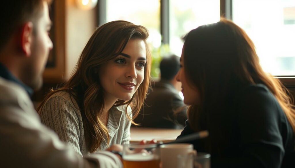 A warm, flirtatious exchange unfolds in a cozy cafe setting. In the foreground, a woman leans in, her gaze direct and her expression playful as she offers a sincere compliment to her companion. Soft, natural lighting filters through the windows, casting a gentle glow and highlighting the intimacy of the moment. The background blurs softly, placing the focus on the pair's interaction, which exudes a sense of mutual interest and growing connection. The scene evokes a mood of subtle attraction, as the woman's compliment serves as a meaningful flirtation signal.