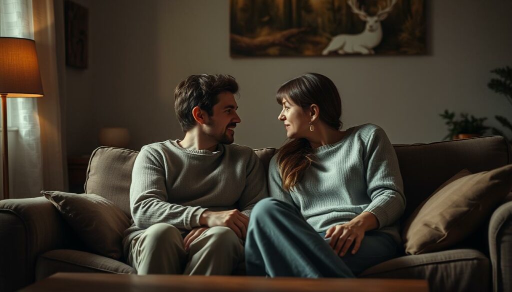 A warm, intimate living room setting with a pair of people sitting on a comfortable couch, engaged in deep conversation. Soft, diffused lighting illuminates their faces, creating a sense of trust and openness. The room is furnished with earthy tones and natural textures, exuding a sense of comfort and homeliness. The couple's body language suggests a close, emotional connection as they lean in towards each other, maintaining eye contact. The scene conveys a sense of vulnerability and vulnerability as they explore the nuances of their relationship through thoughtful, introspective questions.