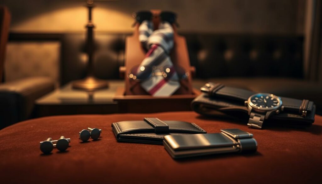 A well-appointed gentleman's lounge, dimly lit with warm ambient lighting. In the foreground, a carefully curated selection of accessories lays upon a rich, velvety surface - a set of brushed steel cufflinks, a slim leather wallet, a polished metal money clip, and a supple leather-banded wristwatch. In the middle ground, a wooden valet stand displays a neatly folded silk scarf and a pair of sleek sunglasses. The background is a softly blurred, textured wall, hinting at the refined, sophisticated atmosphere. The scene evokes a sense of effortless style and attention to detail, reflecting the essence of the "Accessoires, die den Unterschied machen" section.