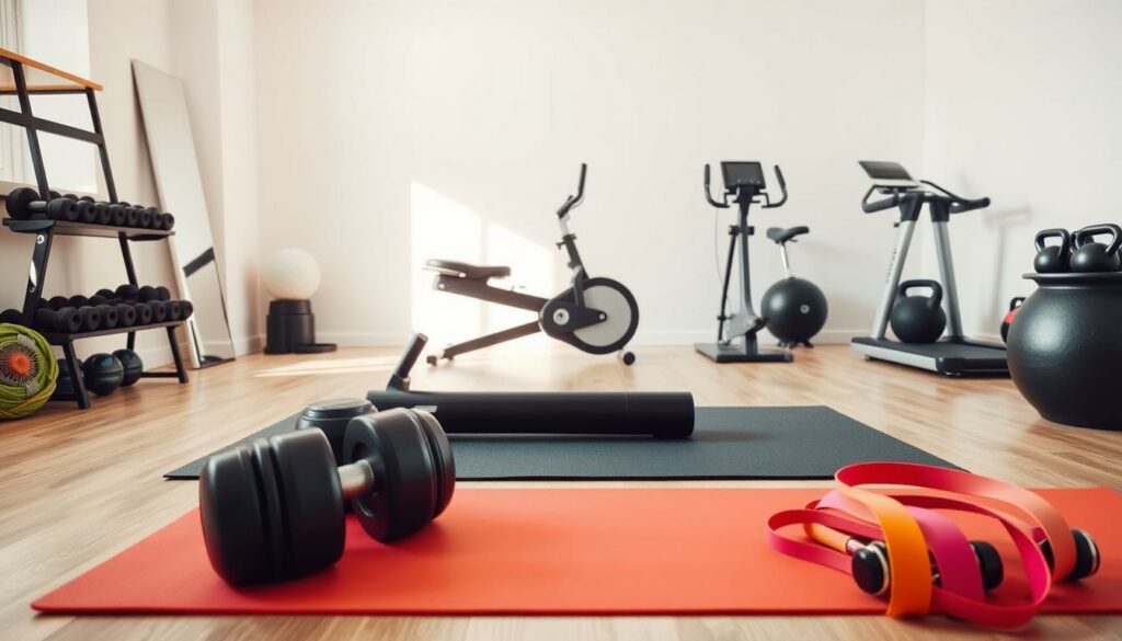 A well-equipped home gym with a variety of fitness equipment arranged in a clean, modern setting. In the foreground, a set of dumbbells, resistance bands, and a yoga mat are neatly displayed. The middle ground features a sturdy exercise bench and a stationary bike bathed in warm, natural lighting. In the background, a sleek treadmill and a set of kettlebells are visible, all set against a minimalist, white-walled backdrop that evokes a sense of simplicity and functionality. The overall atmosphere is one of practicality and efficiency, catering to the needs of a health-conscious individual looking to maintain a comprehensive fitness routine at home.