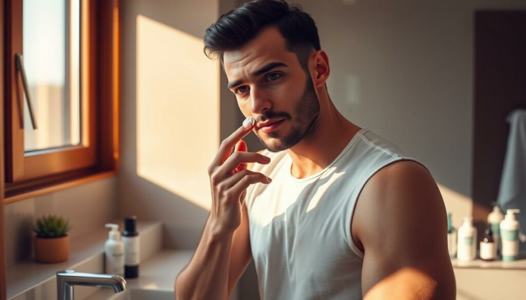 A well-groomed man standing in a modern bathroom, applying a moisturizing face cream with his fingertips. The scene is bathed in warm, soft lighting from a large window, casting gentle shadows and highlighting the man's refined facial features. The counter is neatly organized with various skincare products, suggesting a thoughtful, consistent grooming routine. The overall atmosphere is one of tranquility and self-care, conveying the importance of a personalized, mindful approach to men's skincare.